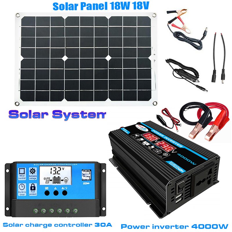 110V/220V Solar Panel System 18V18W Solar Panel 30A Charge Controller 4000W Car Solar Inverter Kit Complete Power Generation Kit
