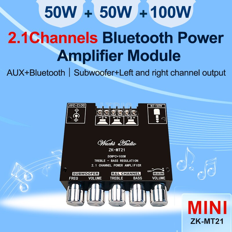 customized 1Pcs ZK-MT21 Bluetooth 5.0 Subwoofer amplifier board 50WX2 + 100W 2.1 power audio amplifier board