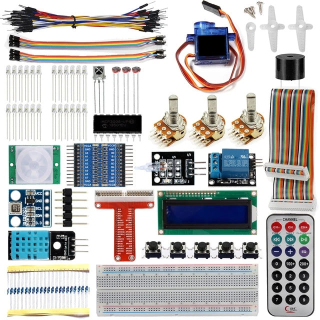 Raspberry Pi 3 Starter Kit Ultimate Learning Suite 1602 LCD SG90 Servo LED Relay Resistors + With GPIO Extension Board Jump Wire