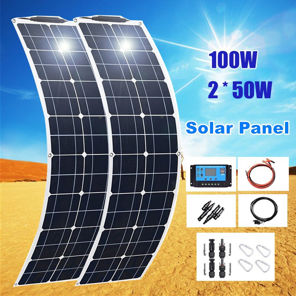 2 * 50W (100W) 12V semi flexible single solar panel 150w 200w caravan van Upgraded 10A Solar Charge Controller for Car RV Marine