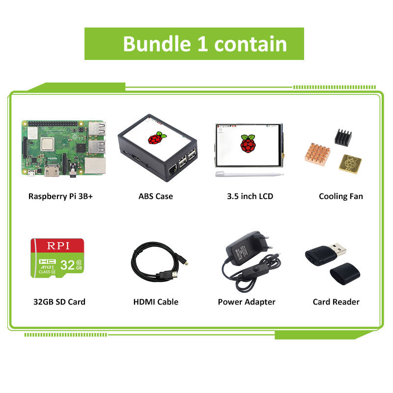 Original Raspberry Pi 3 Model B Plus with WiFi 3.5 Inch Touchscreen+Power Adapter+Case+Heat Sink for Respberry Pi 3B+