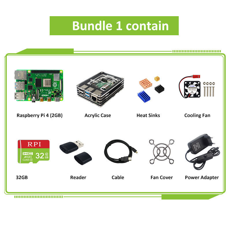 Raspberry Pi 4 Model B Kit 2GB/4GB/8GB RAM Board+ Cable + Acrylic Case +  Reader +5V 3A Power Supply for Raspberry Pi 4