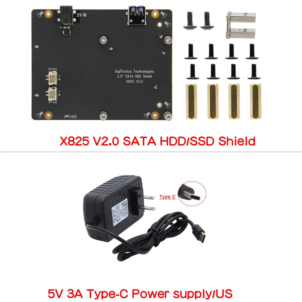 5V 3A Type-C Power Adapter  +  X825 V2.0 2.5 inch SATA HDD/SSD Board for Raspberry Pi 4 Model B