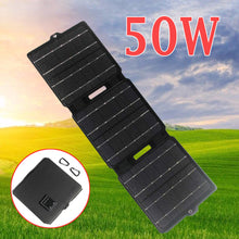 Load image into Gallery viewer, 50W Foldable Solar Panel ETFE Dual USB 12V Solar Charger Waterproof Solar Power Bank for Mobile Outdoor Camping Hiking Fishing

