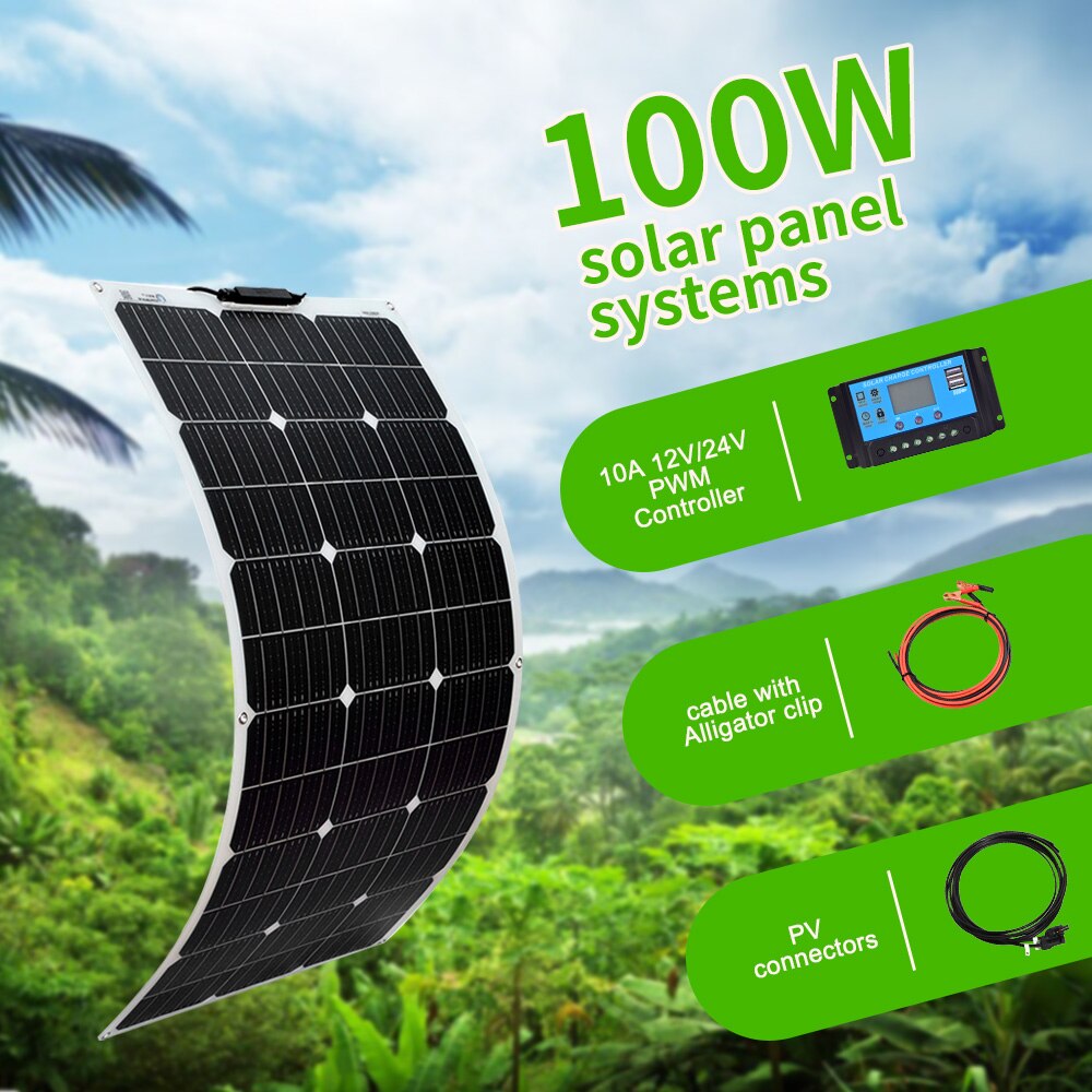 100W Solar Panel 200W 300W 400W Kit Panneau Solaire Flexible Cell For 12V 24V Battery Car RV Home Outdoor Power Charging