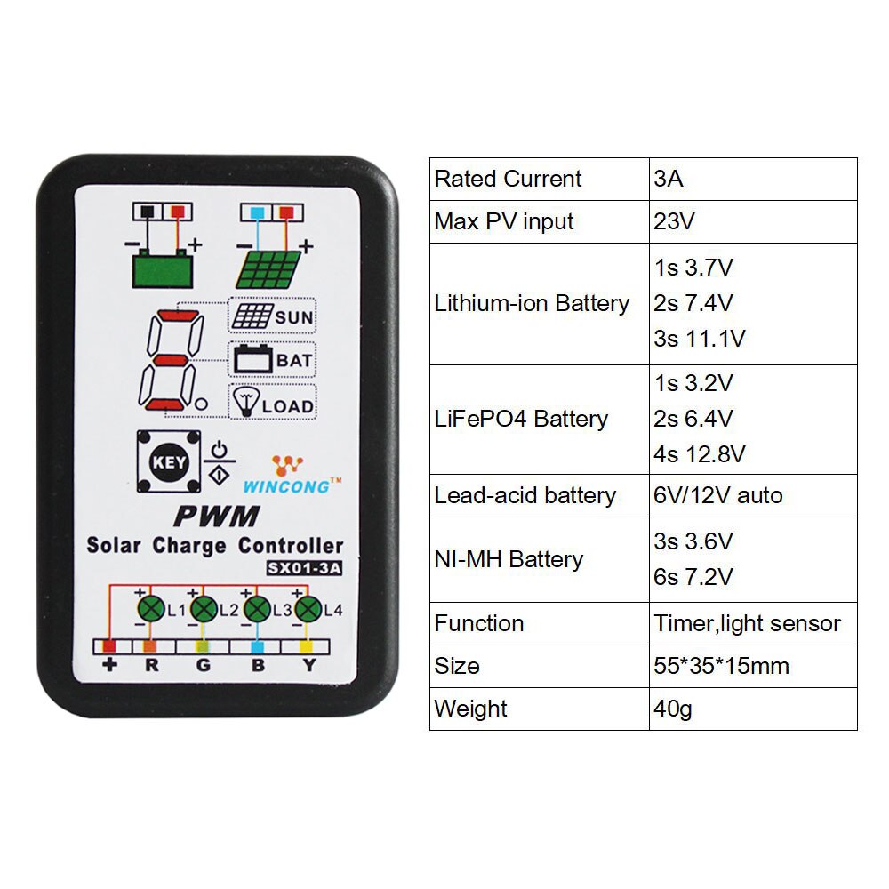 PWM Wincong Solar Charge Controller 30A 10A 20A 3A 6V 12V 24V 48V 60V LI-ION NI-MH LiFePO4 Battery