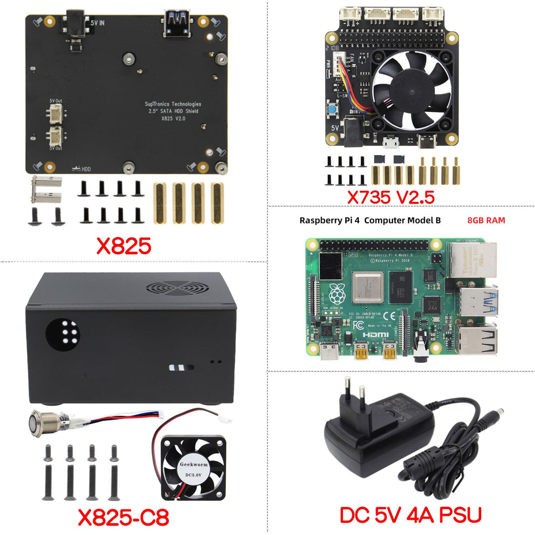 Raspberry Pi 4 (8GB)Board  + X825 2.5 inch SATA HDD/SSD Shield with Case + X735 Power Management Board + Power Supply Kit