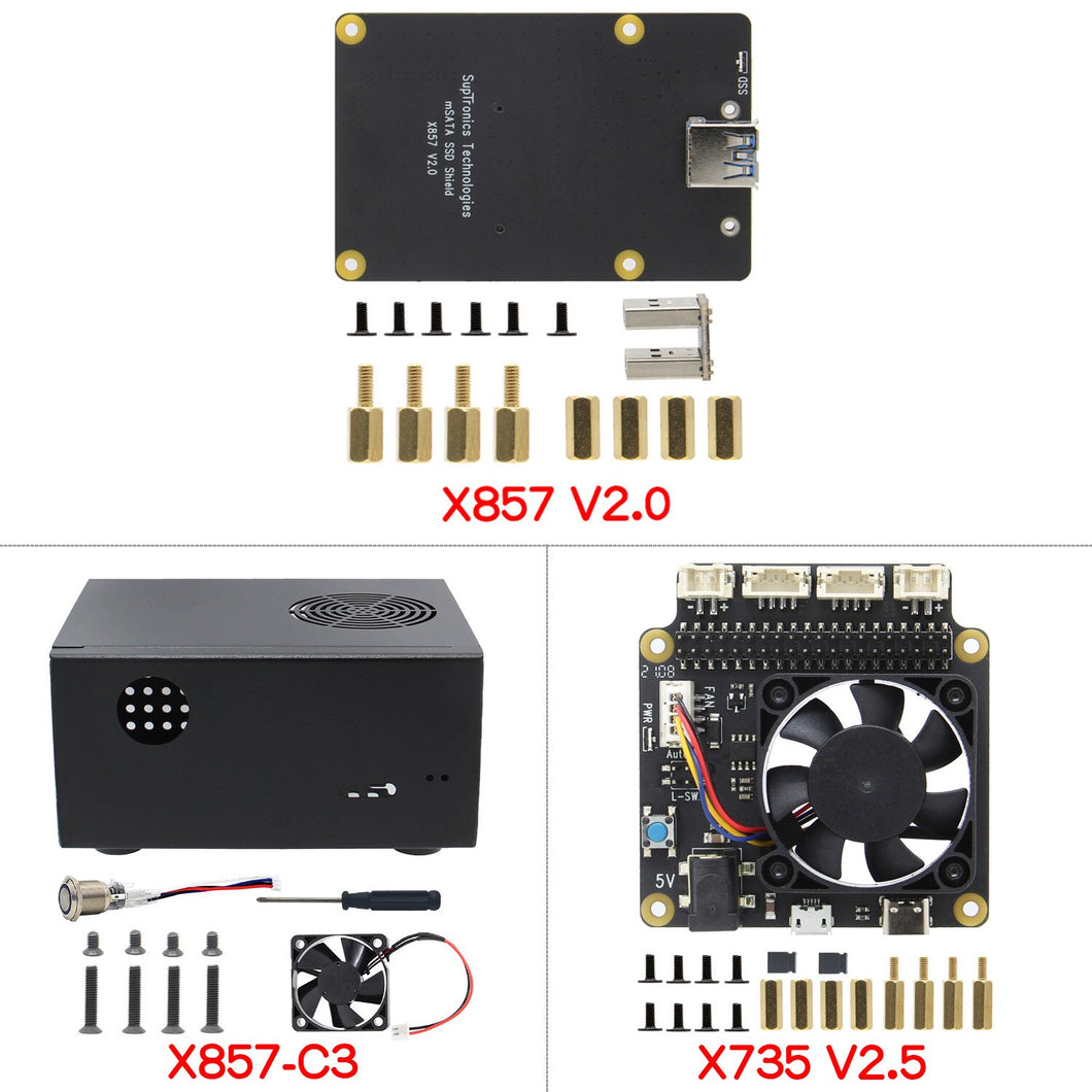 Raspberry Pi 4 Model B mSATA SSD X857 V2.0 Shield + X735 Power Management Board + X857-C3 Matching Metal Case